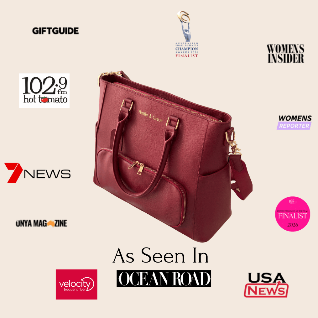 A Mulberry Vegan leather handbag with gold hardware and the text 'Ninety & Crème' on the front, shown on a beige background surrounded by media logos including Giftguide, 102.9 FM, Women's Insider, 7 News, and As Seen In Ocean Road.
