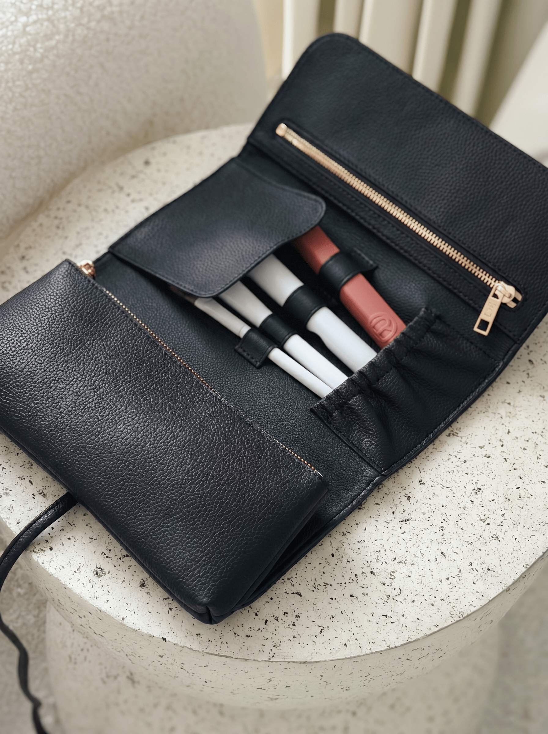 Marli Essentials Pouch in Charcoal styled with makeup brushes on a light surface